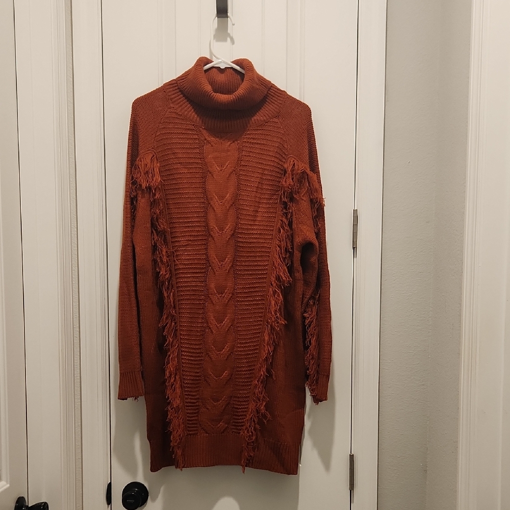 Rust Cable Knit Turtleneck Dress